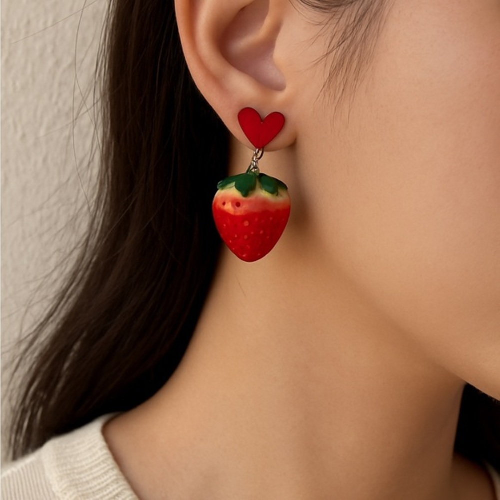 Strawberry Drop Earrings Women OS Red New Heart Stud Fruit Resin Dangle YOUER